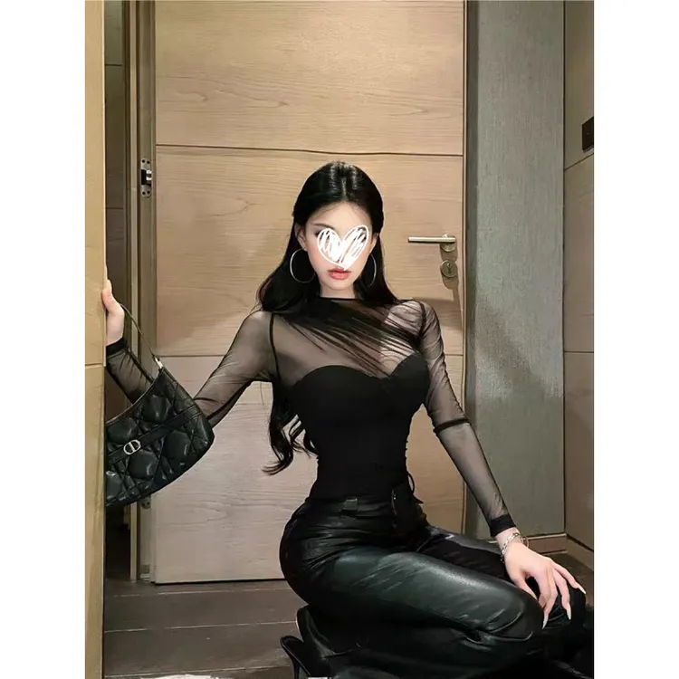 性感纯欲网纱打底衫拼接长袖T恤内搭上衣女2025秋冬季新款F01526