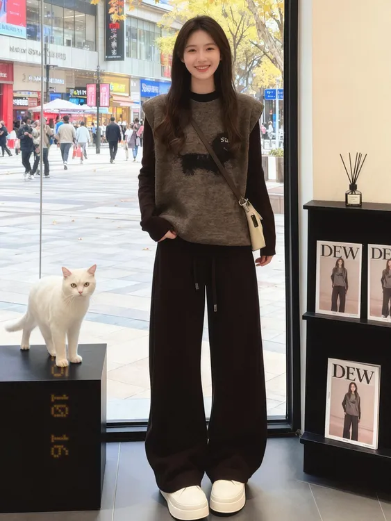 久久 冬日物语 韩系针织马甲套装女秋冬气质阔腿裤三件套显瘦穿搭