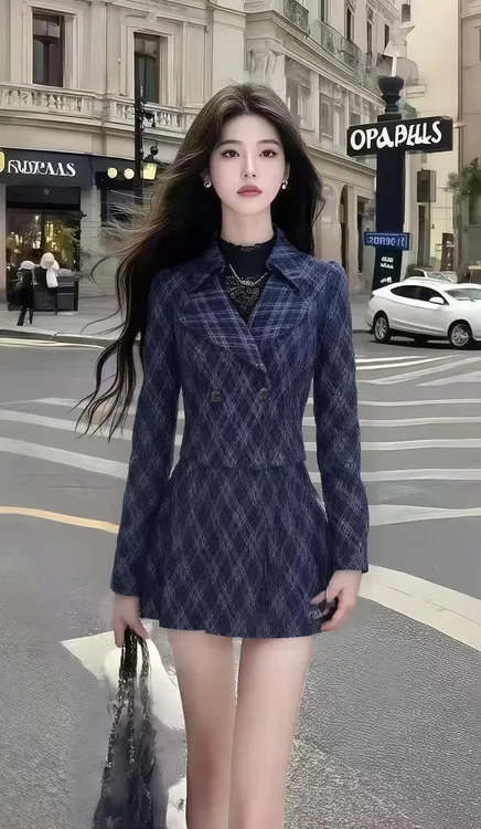秋季时尚显瘦小香风深蓝色长袖修身上衣+深蓝色百搭半身裙两件套