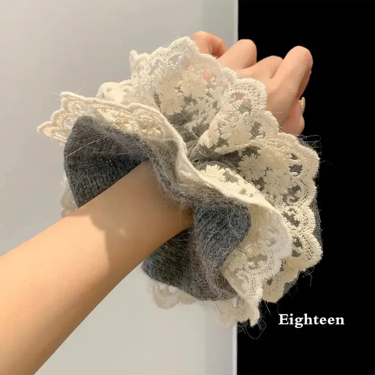 韩系灰色毛蕾丝针织大肠发圈女慵懒风扎头发超大号发饰头绳秋冬