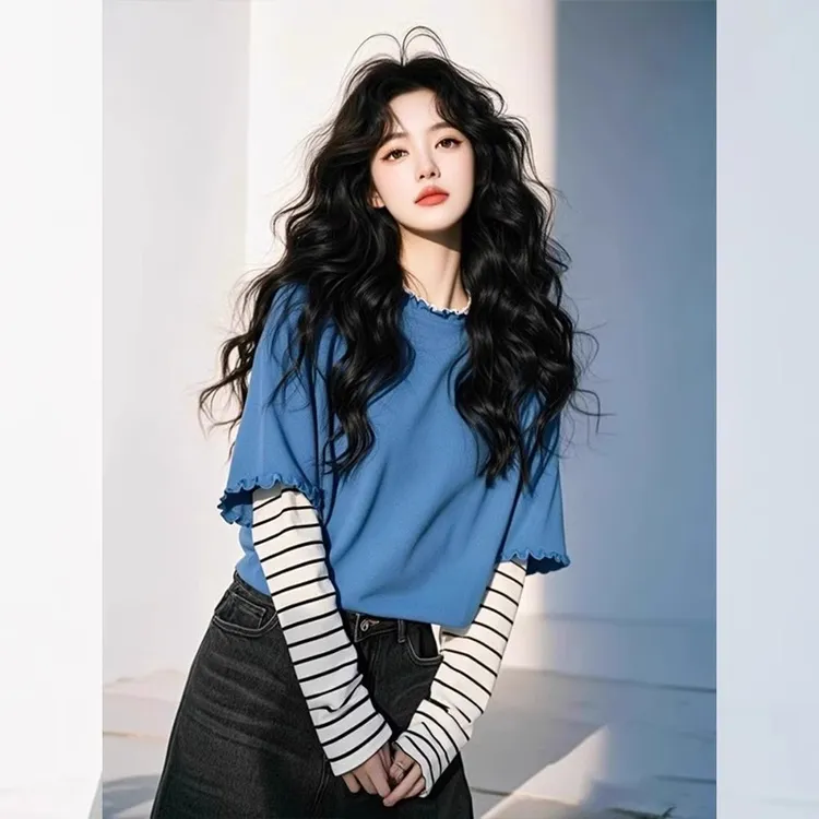 2025春季小众气质设计感圆领套头百搭超好看蓝色假两件可叠穿上衣