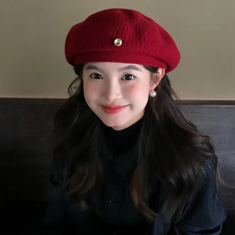 『版型超好』高品质红色贝雷帽子女秋冬季大头围气质显脸小画家帽