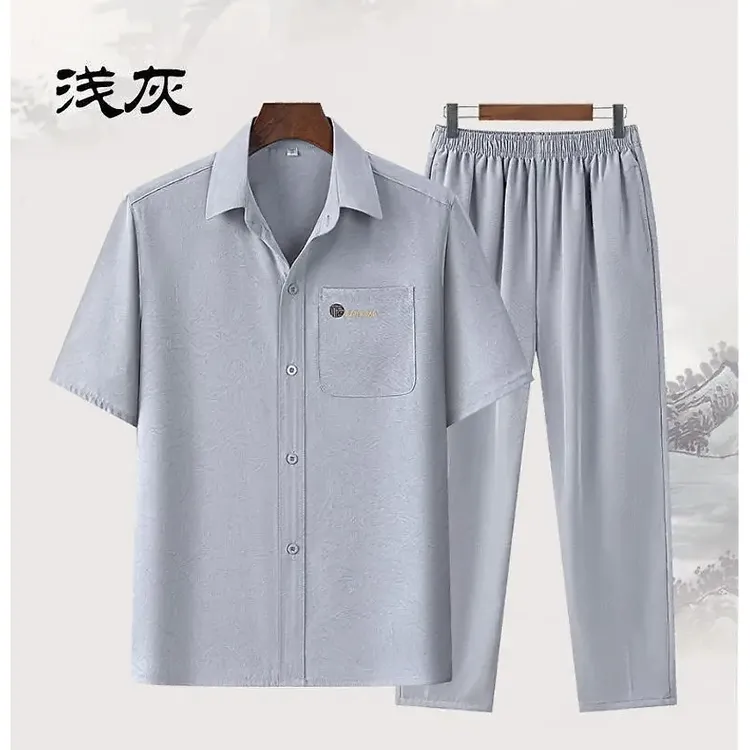 男士短袖衬衫套装2025夏季新款男装老年休闲经典中国风唐装两件套