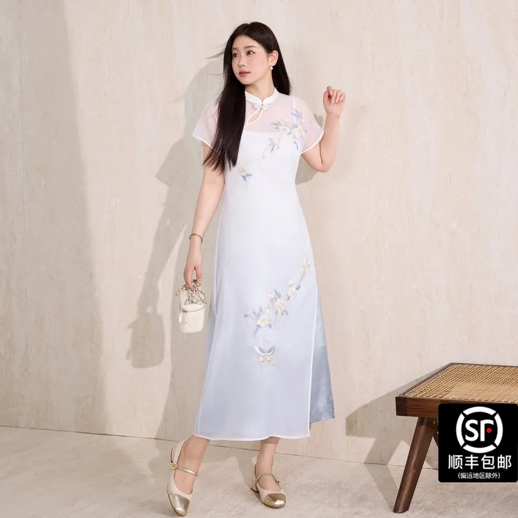 蓝语大码女装气质仙女风旗袍裙新中式优雅修身包臀国风汉服连衣裙