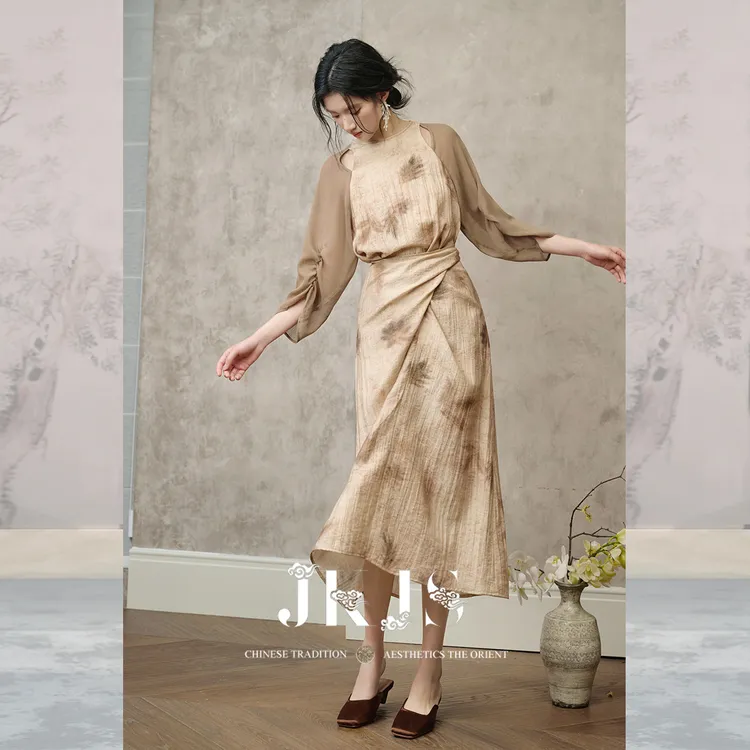 JKJS【柏子香】人丝亚麻 新中式连衣裙新款复古长裙气质裙子女夏