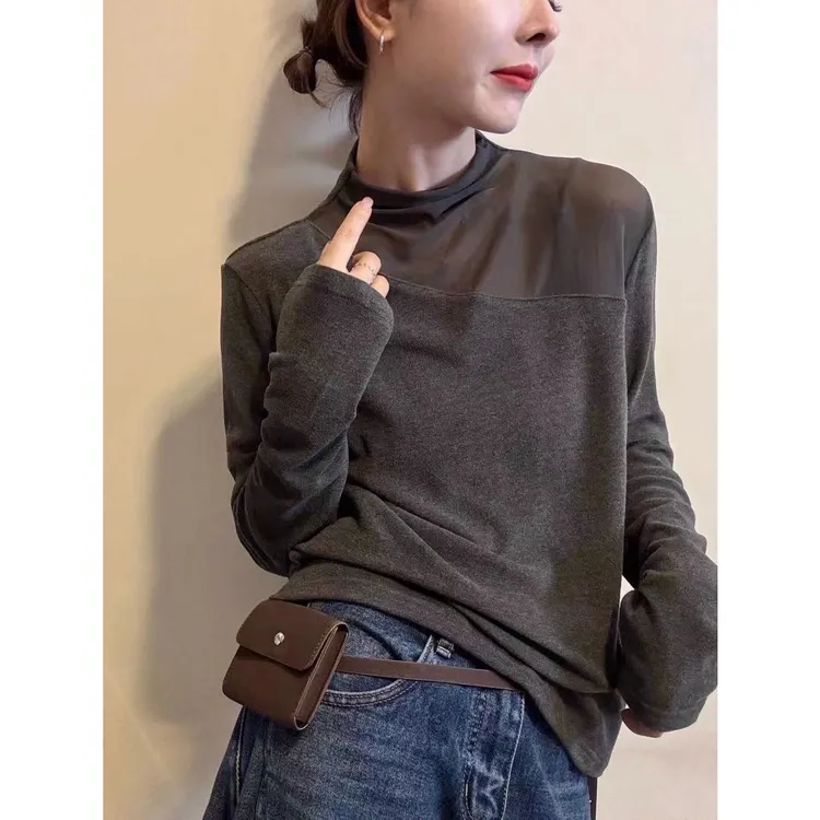 拼接打底衫2025新款今年流行爆款内搭长袖上衣女半高领黑色t恤女