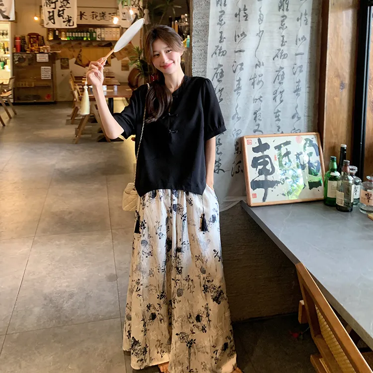 新中式国风水墨画套装裤女2025夏季新款气质盘扣上衣阔腿裤两件套