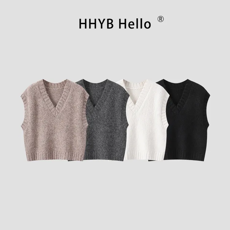 HHYB Hello2025秋冬廓形宽松针织毛衣坎肩V领背心马甲女M1255