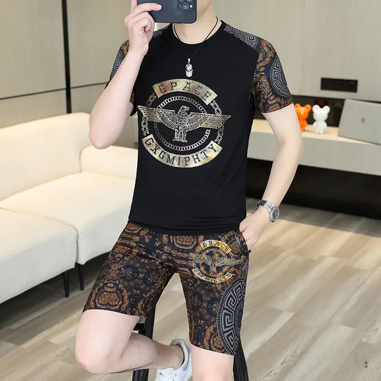 轻奢短袖男t恤潮流百搭夏季薄款圆领套装男显瘦帅气半袖一套上衣