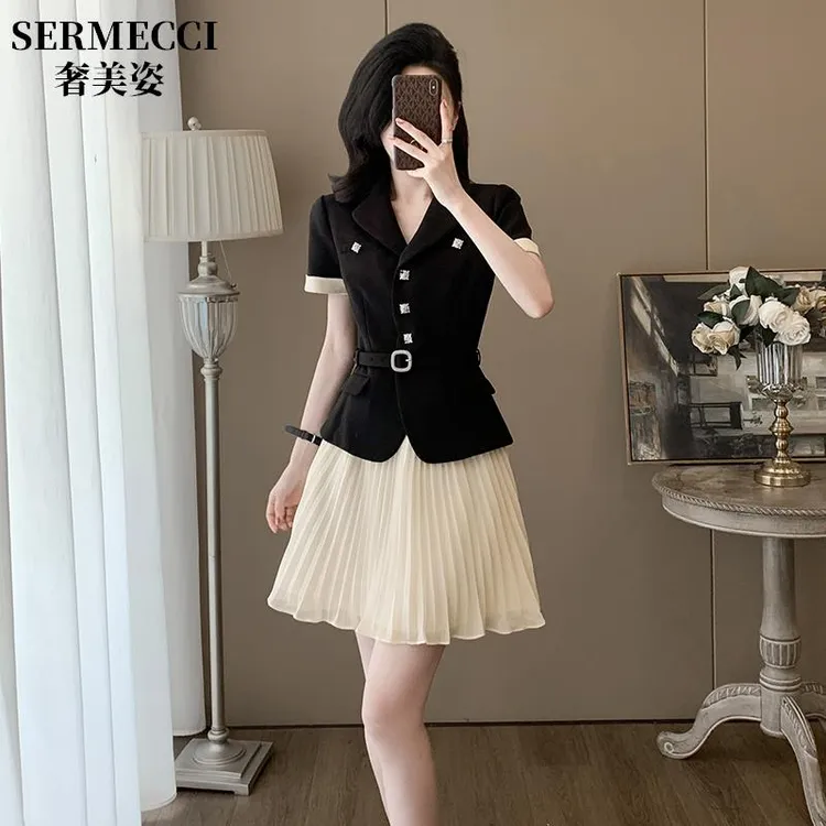 夏季短袖时尚轻奢御姐风洋气百褶短裙女假两件西装领小香风连衣裙