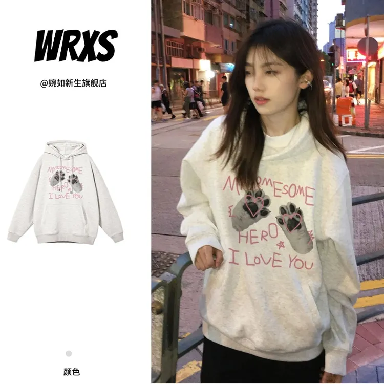 【婉如新生】复古可爱猫爪印花卫衣外套宽松舒适韩版显瘦上衣女秋