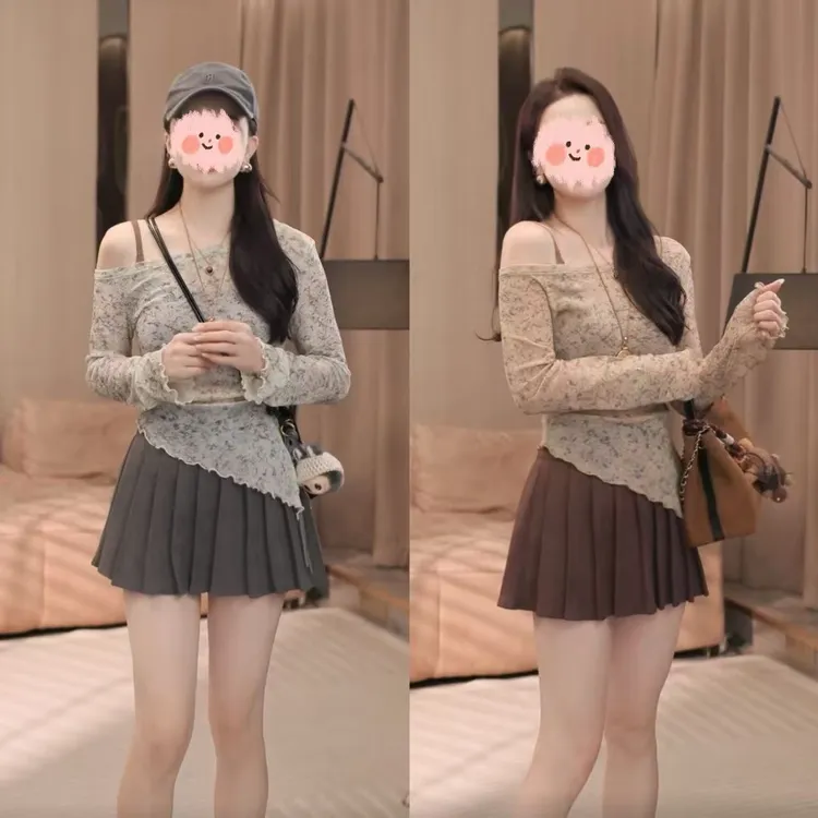 2025早秋新款纯欲辣妹不规则斜肩长袖上衣时尚百搭高腰半身裙套装