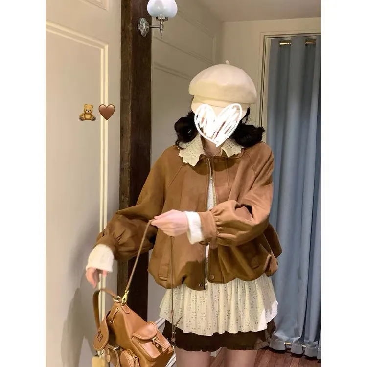 时尚套装鹿皮绒外套女百搭花边领秋季千金风短外套翻领小衫两件套