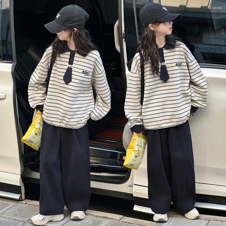 女童春秋套装2025新款6-12岁15岁中大童休闲洋气条纹学院风两件套