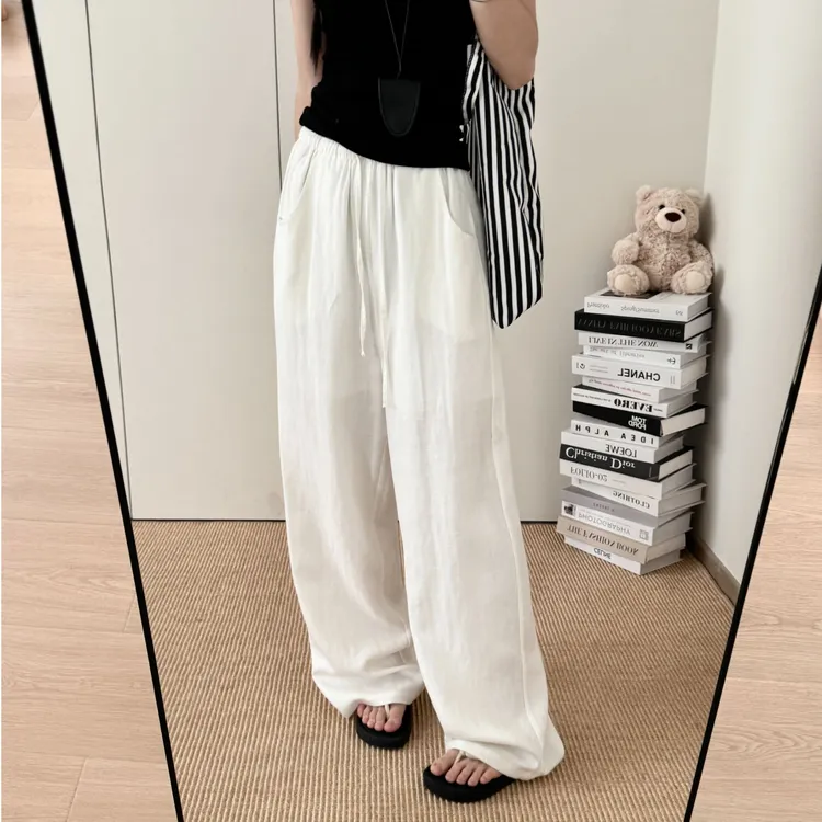 2025夏季必备休闲亚麻裤子女宽松简约百搭极简风亚麻长裤 