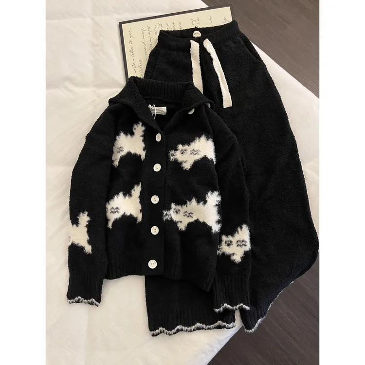 韩系可爱猫咪半边绒睡衣女2025冬新款针织开衫保暖加厚家居服套装