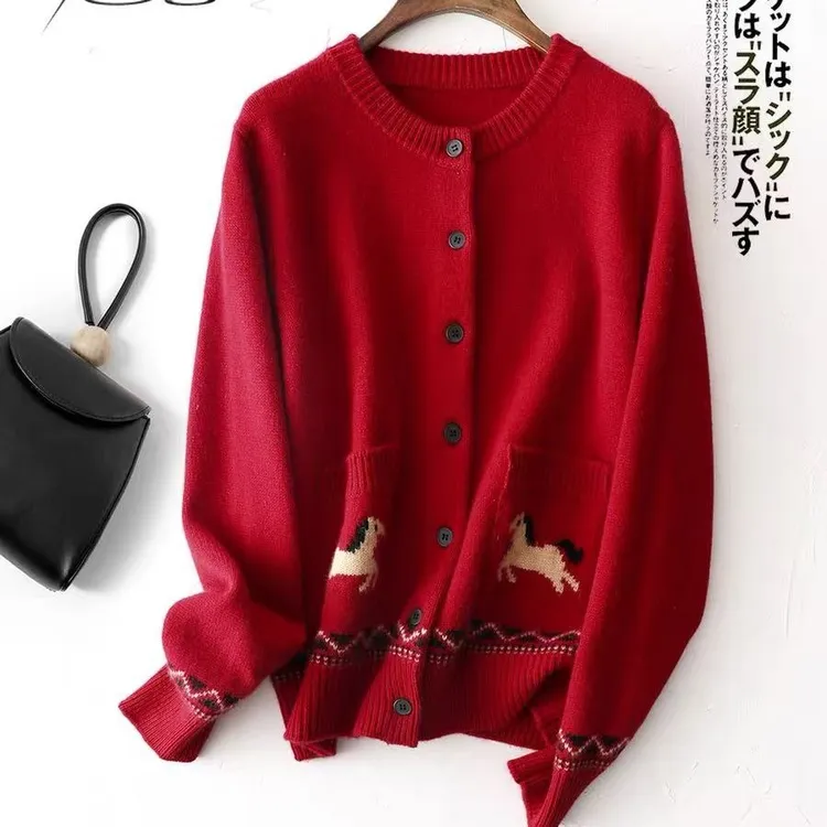 ZA-6536 100%纯羊毛开衫女圆领复古小马针织衫新款上衣本命年外套