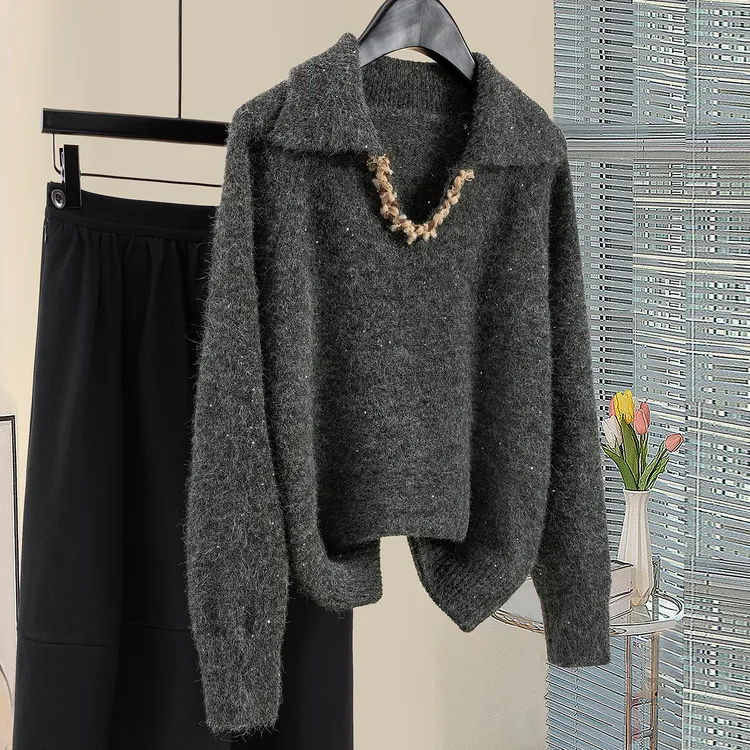 丝柏舍2025冬装新款绵羊毛女装翻领慵懒风宽松长袖毛衣S54P0026M
