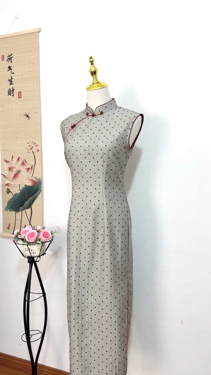 【无尽夏·浅咖】2025年新款印花无袖长款优雅修身旗袍复古连衣裙