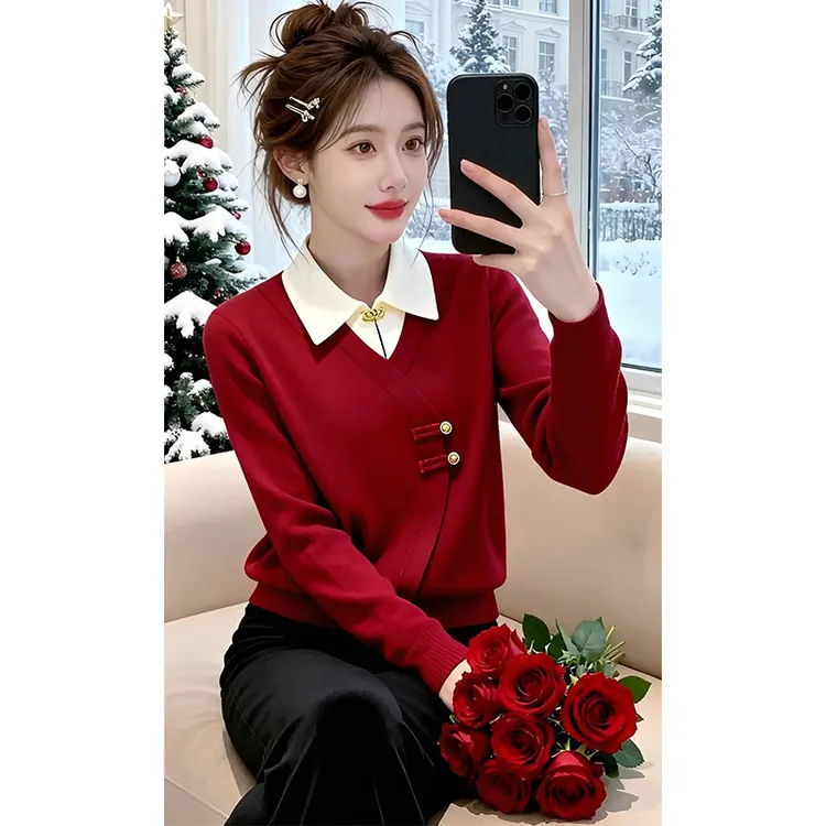 兹伊翰【新年纳福】 2026冬季新款气质翻领针织衫女士拼接洋气毛衣