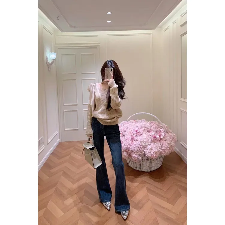 2025秋装新款韩版慵懒风蝴蝶结系带针织衫复古蓝色牛仔裤两件套装