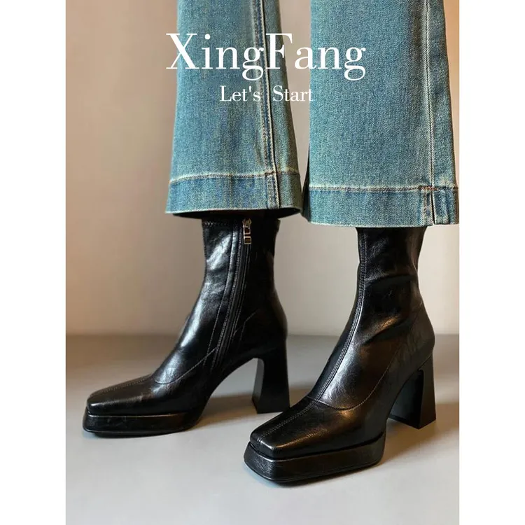 方头高跟短靴女秋冬小个子防水台粗跟切尔西靴子法式时尚瘦瘦靴