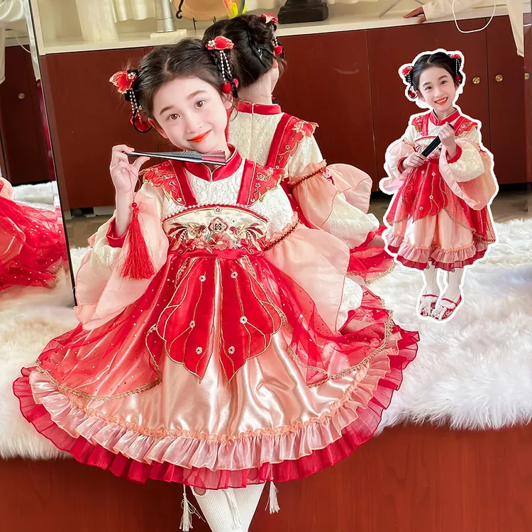 女童国风年服锦鲤汉服裙冬季小女孩红色拜年服儿童女孩拜年服装