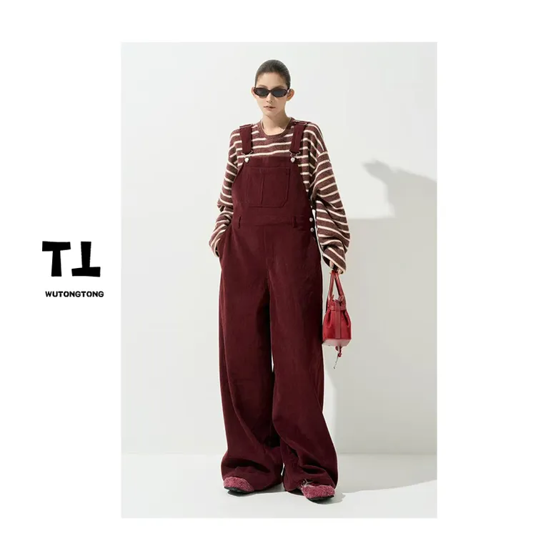 现货【魁地奇风】冬季加绒灯芯绒背带裤女韩版休闲宽松长裤62888