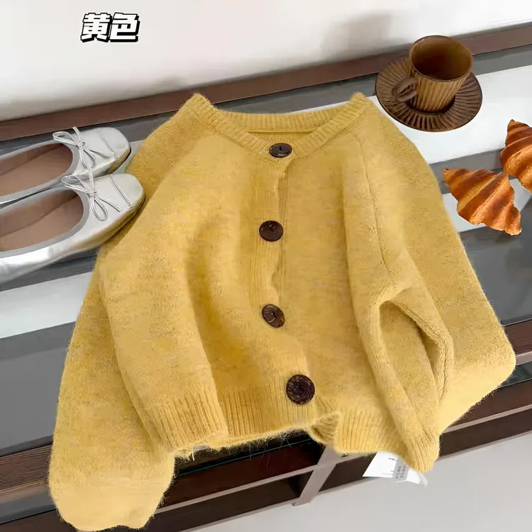 2025新款针织开衫插肩袖扎花拼接扣子毛针织衫秋冬加厚短款韩版女