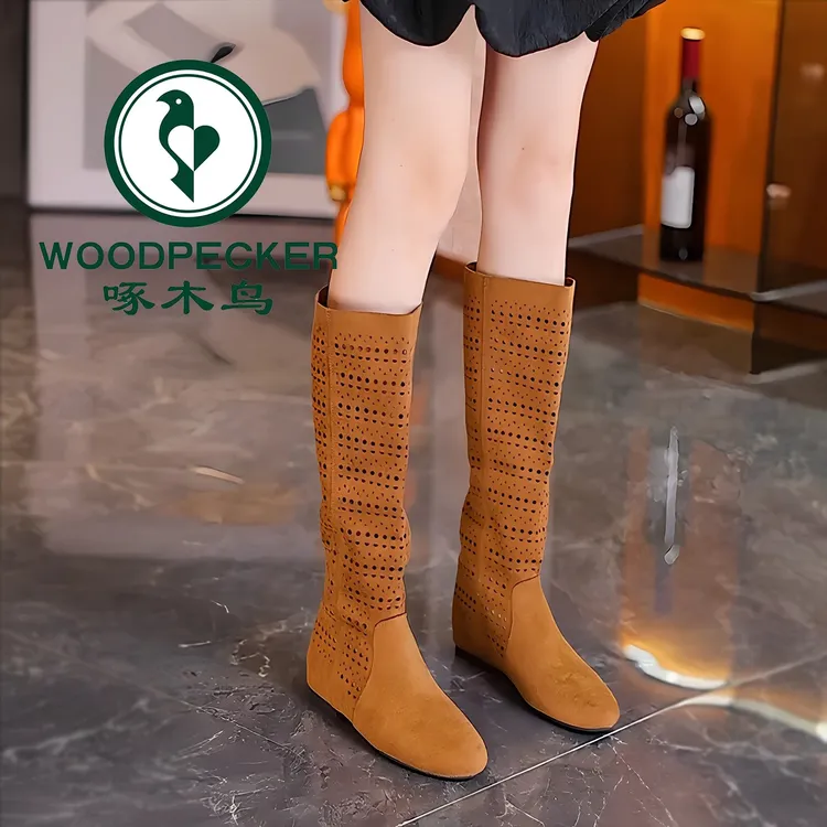 啄木鸟3cm中筒靴女2025夏季新款圆头两穿堆堆靴镂空复古时尚长靴