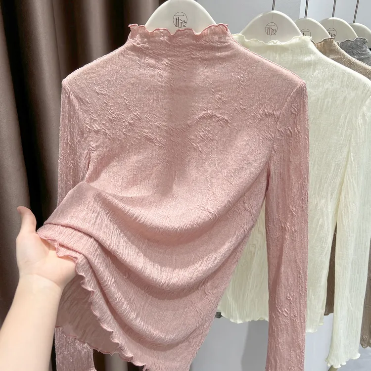 超好看粉色半高领打底衫女薄内搭花边独特漂亮减龄肌理感气质上衣