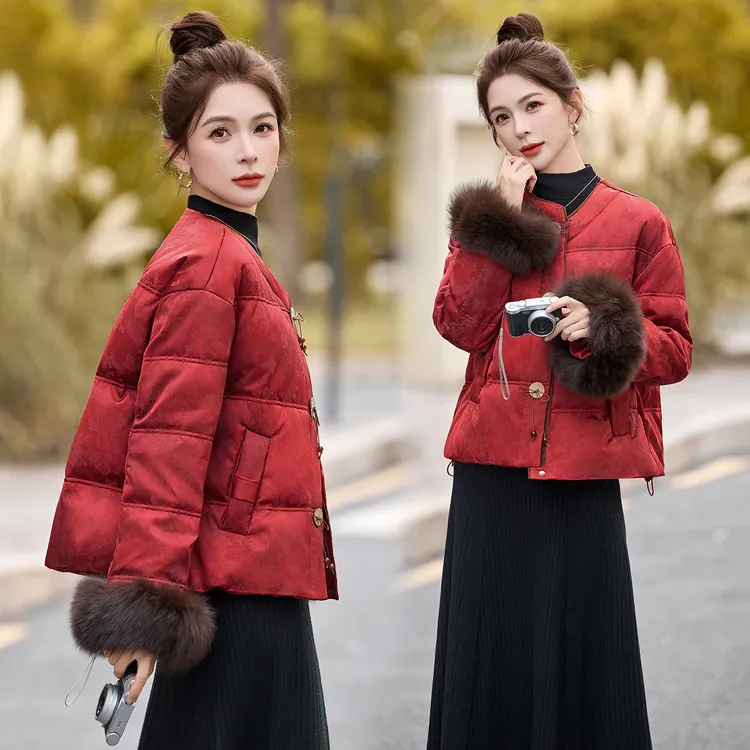 新中式国风复古提花羽绒服女2025年冬季新款狐狸毛白鸭绒短款外套