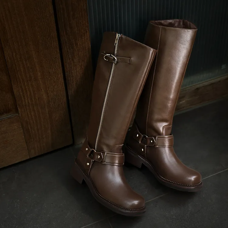 真皮复古小众皮带扣机车靴圆头气质长筒骑士靴粗跟拉链女靴时装靴