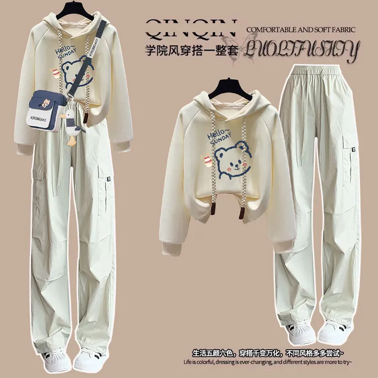 10-18岁少女大童连帽长袖卫衣春秋装初中高中生洋气工装裤套装潮