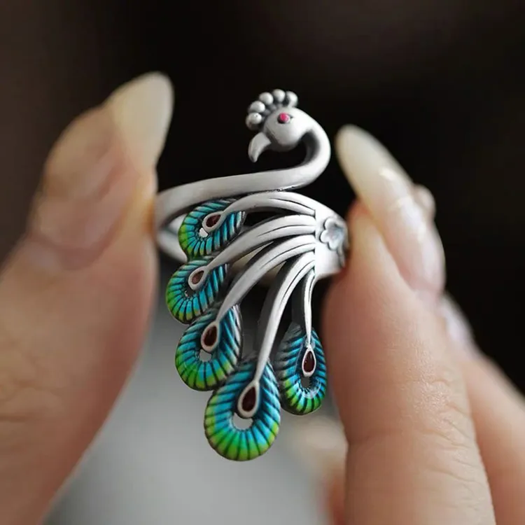 新中式国风孔雀戒指女小众设计时尚文艺复兴手工食指指环百搭