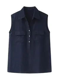 【艾家】衬衫商场同款2025夏季新款百搭翻领无袖衬衫女休闲上衣5032