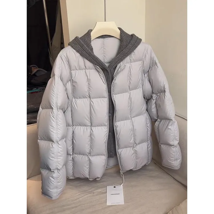 韩系针织拼接连帽加厚棉服2025冬季新款设计感宽松百搭棉衣外套