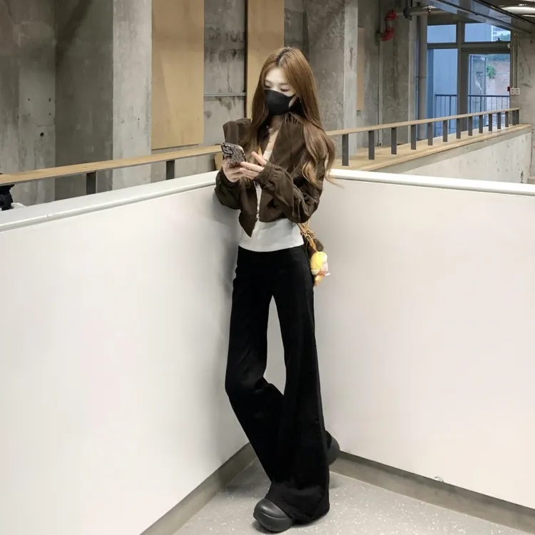 180高个子175加长美式宽松低腰微喇牛仔裤女不贴腿黑色垂感马蹄裤