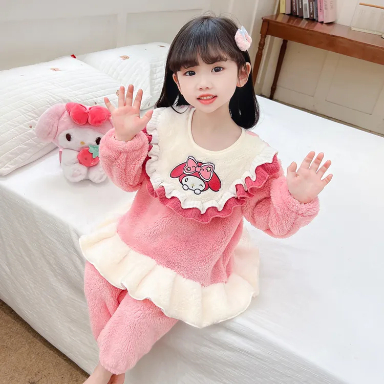儿童法兰绒睡衣秋冬季款加绒加厚2025新款宝宝女孩女童美乐蒂套装