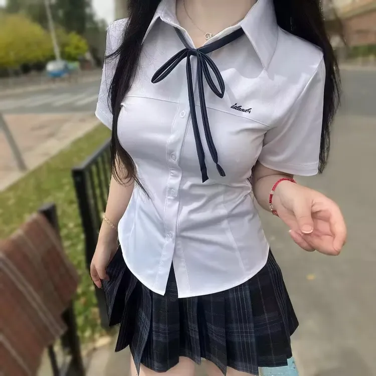 小岛原创新款刺绣jk收腰修身短袖衬衫白色百搭制服学院纯欲风衬衣