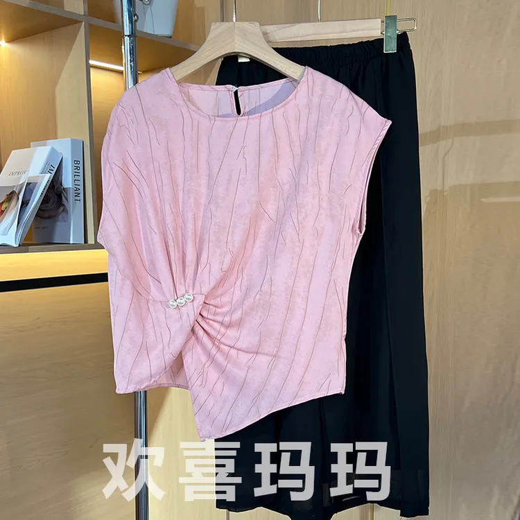 中年妈妈夏装套装2025新款中老年女时尚洋气贵夫人短袖上衣两件套
