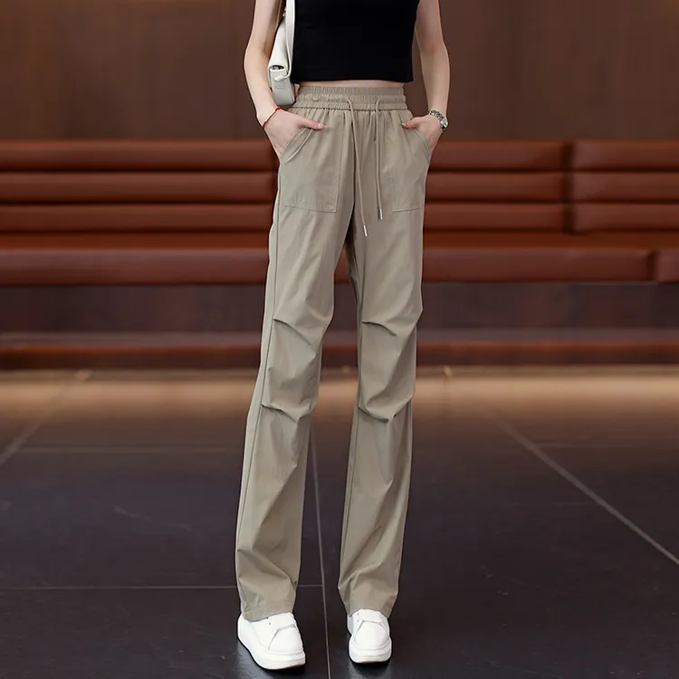 美式工装裤女2025夏季新款松紧高腰显瘦冰丝速干休闲阔腿伞兵裤子