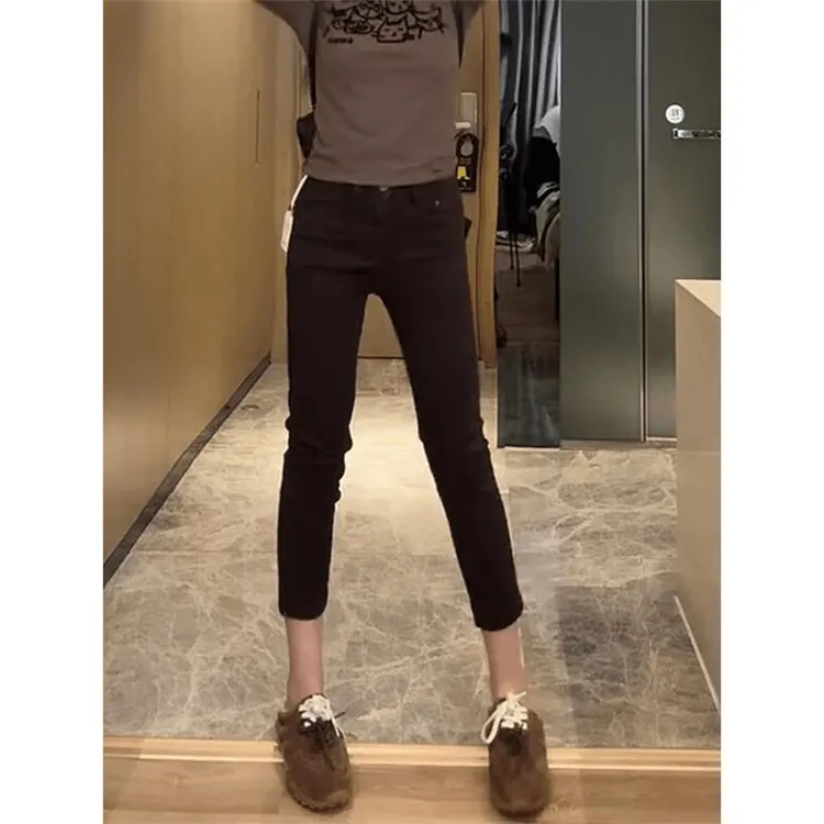 梦茹萱小个子高腰弹力直筒牛仔裤女秋冬新款修身显瘦九分烟管裤