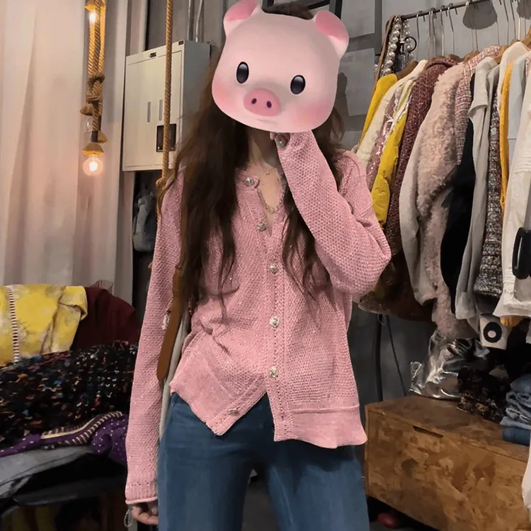 小香风圆领亮片粉色针织开衫外套女2025秋季新款宽松显瘦外搭上衣