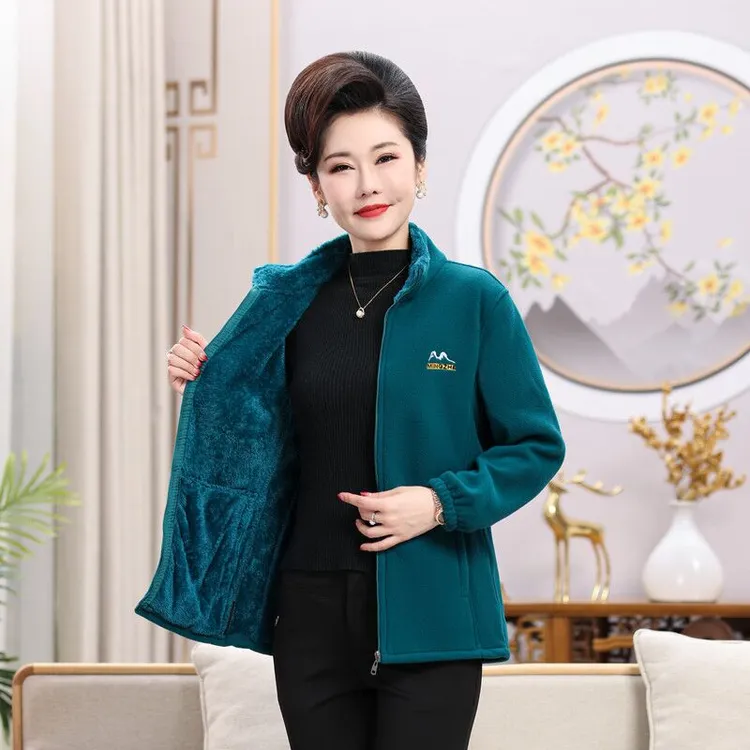 中老年女装开衫卫衣上衣秋冬加厚摇粒绒外套休闲大码抓绒衣妈妈装