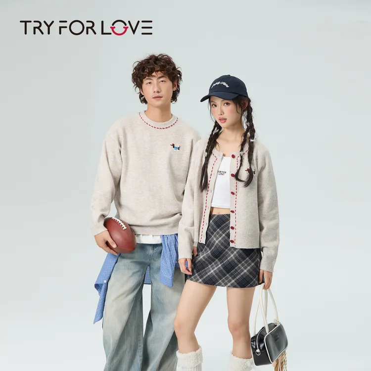 Tryforlove情侣装圆领针织开衫毛衣男女2025秋冬新款一长一短外套