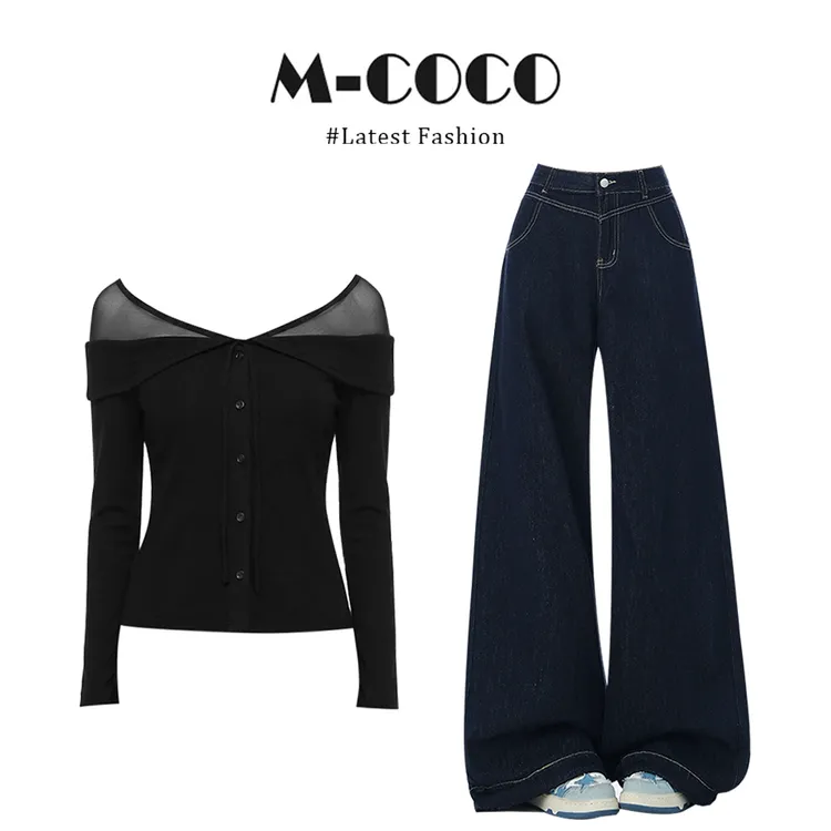 纯欲微透网纱拼接黑色长袖t恤女秋冬显瘦高腰牛仔裤气质两件套