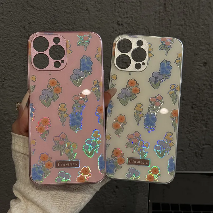 适用苹果15金属直边玻璃壳iPhone16pro手机壳华为p粉底满屏花束