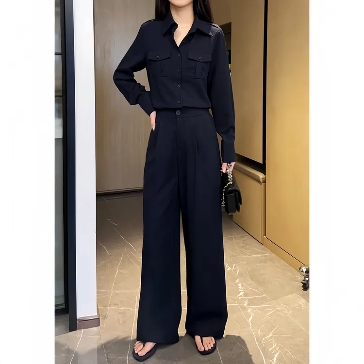 2025新款时尚套装女V领帅气长袖衬衫宽松阔腿裤休闲两件套