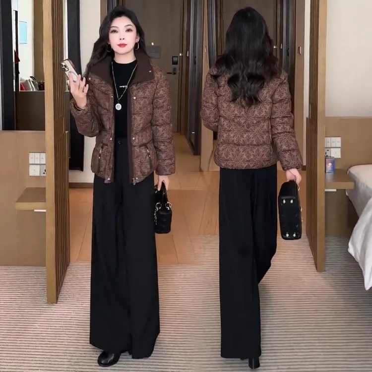 洋气花纹立领棉衣女宽松韩版2025冬季新款洋气减龄时尚保暖棉袄潮